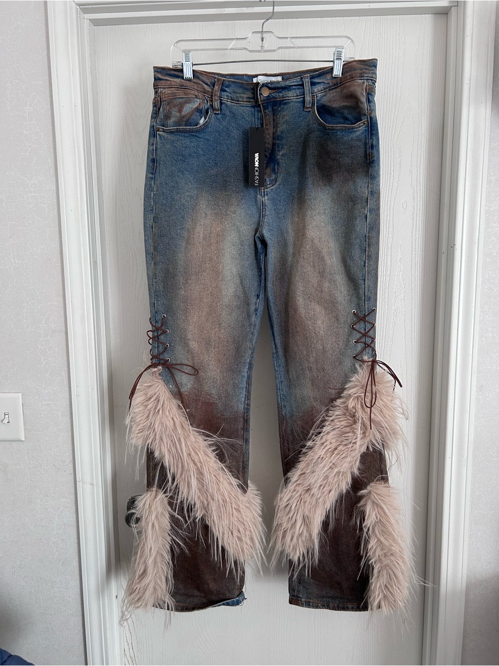 Fashion Nova | Blue Denim Flare Jeans with Blush Feather Trim | Size 13